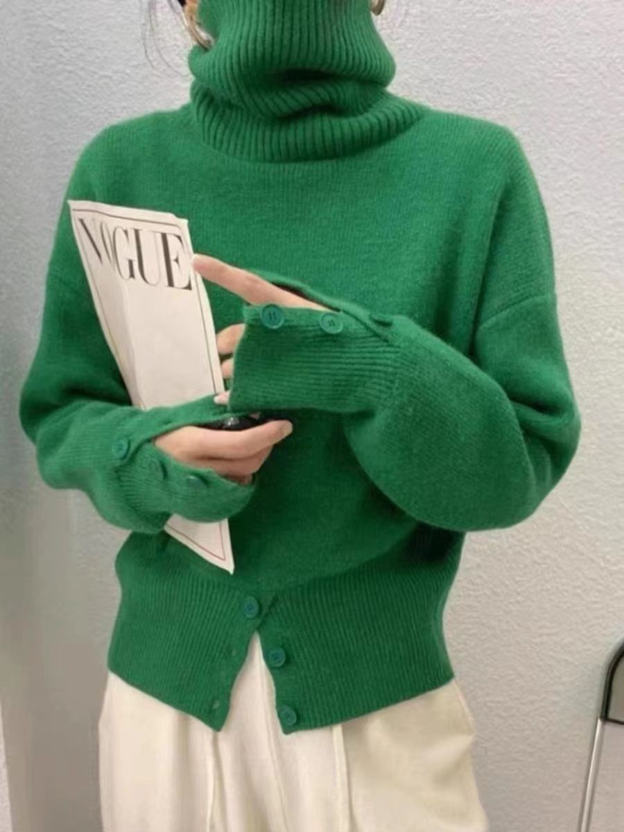 【 Famiglia Cashmere 】 Maglione corto alto in lana, strato interno lavorato a maglia con collo in pelo spesso e largo da donna_voghion.com