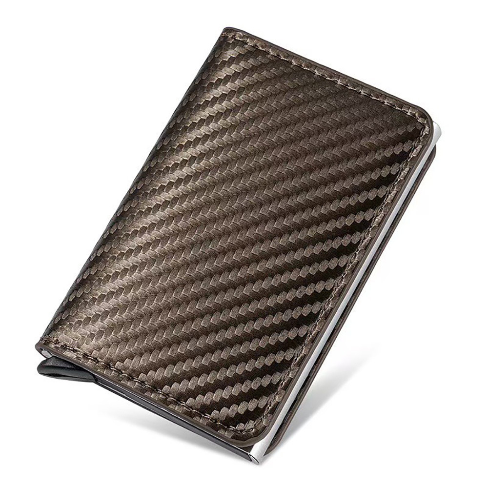 Titular de la tarjeta de fibra de carbono AliExpress antirrobo cepillo RFID Tarjeta de bala automática de aleación de aluminio PU titular de la tarjeta de la cartera