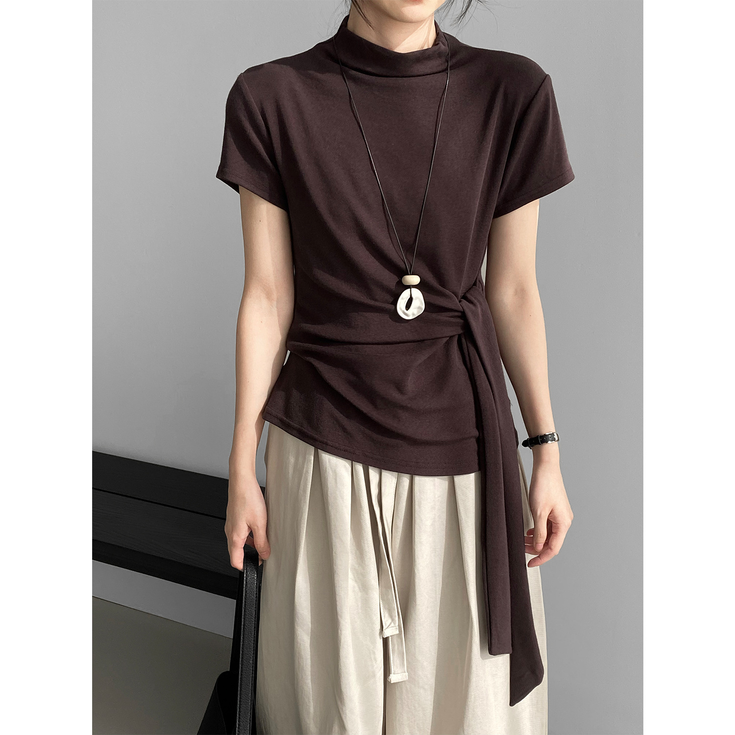 Then Tie the Waist with a Thin Waist ~ Korean Pure Color Half Turtleneck Lace-Up Waist Slimming Look Short-Sleeved T-Shirt Top N6093