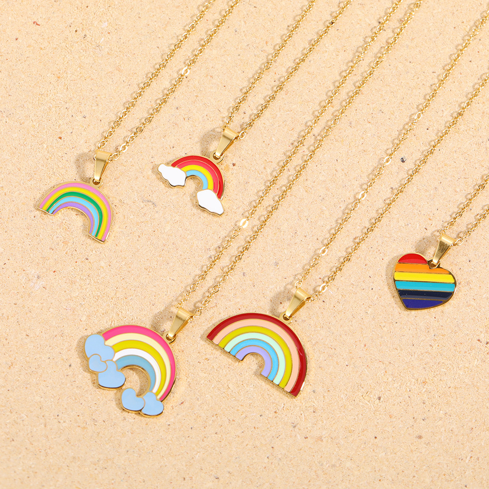 Fashion Simple New Sweet Cute Drop Oil Rainbow Heart Pendant Stainless Steel Necklace