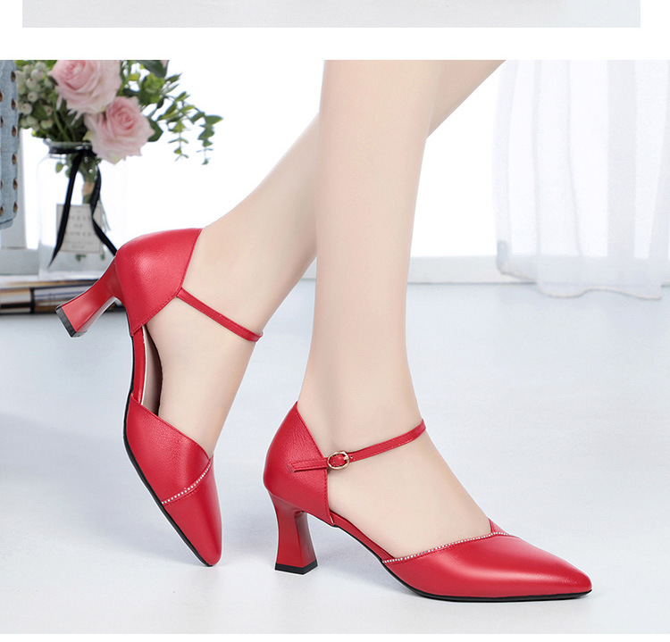 Sandal quai ngang da thật gót vuông mũi nhọn cho nữ, giày cao gót hở mũi kiểu dáng sang trọng — Màu be chi tiết 19