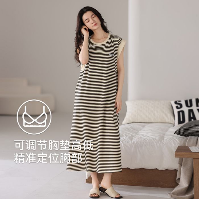 夏季薄款无袖睡裙女士带胸垫防凸点宽松条纹背心连衣裙孕妇家居服