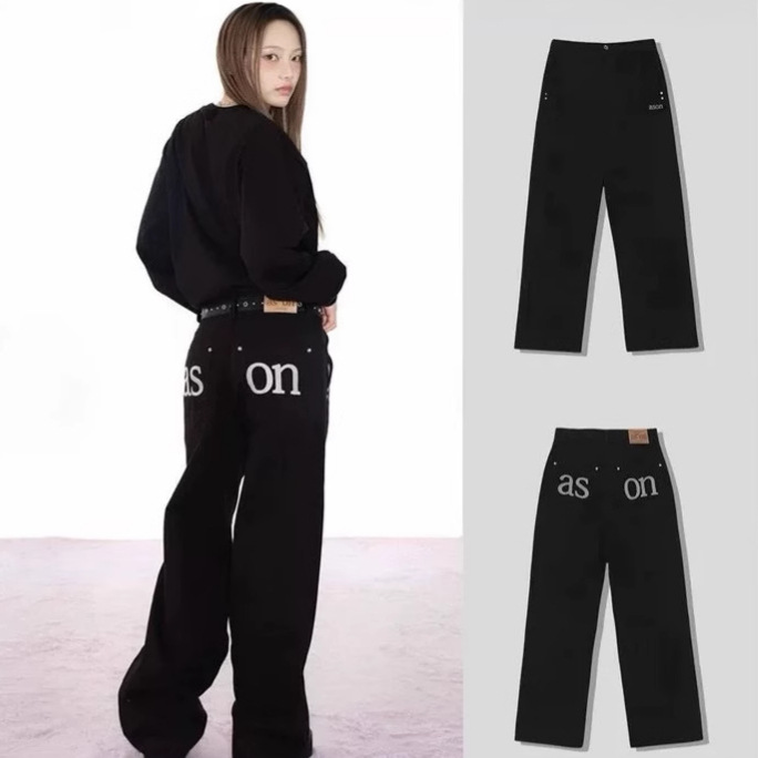 Aso*Korean Niche Autum New Flap Pocket Pants Letter Embroidered Jeans Loose Straight Slim High Waist Pants for Women