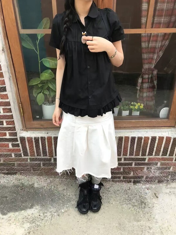 韩系翻领甜美辣妹修身显瘦百搭减龄花边拼接短袖衬衫上衣|undefined