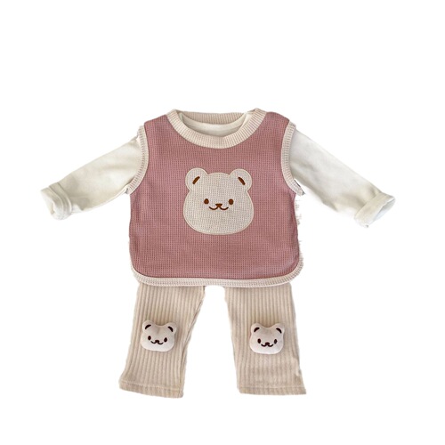  Autumn Infant Girl Bear Head Embroidered Vest + Solid Color Bottoming Shirt + Hollow Striped Leggings 3-piece Set