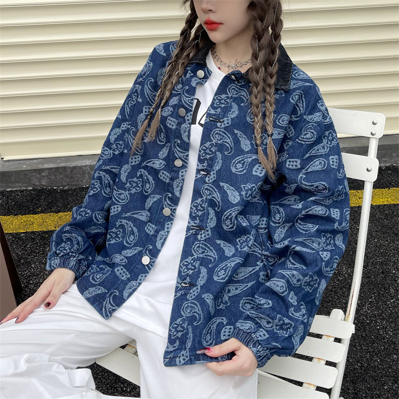 Real shot denim women's Korean version of loose cashew flower embroidery Fashion men's and women's work jacket top ins