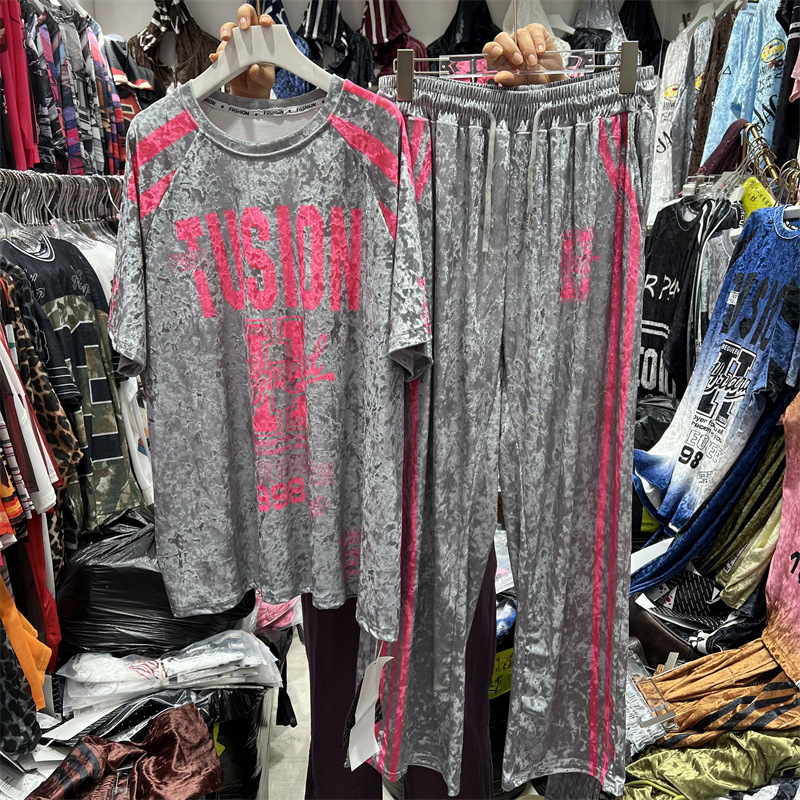 European and American Style Tie-Dye Letter Print Casual Suit for Women, Loose Short-Sleeved Wide-Leg Pants Two-Piece Set, Fashionable and Trendy European and American Style Tie-Dye Letter Print Casual Suit for Women, Loose Short-Sleeved Wide-Leg Pants Two-Piece Set, Fashionable and Trendy
