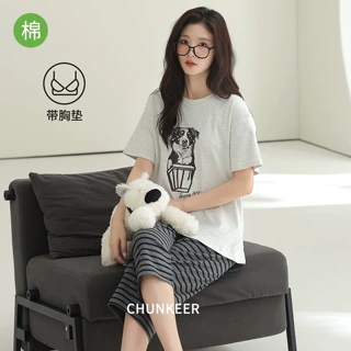 睡衣女款夏季纯棉短袖七分裤可爱宽松休闲可外穿带胸垫家居服套装