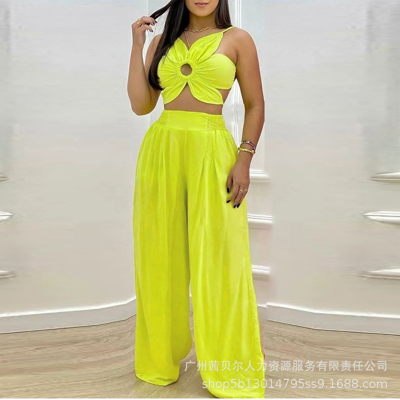 LZR18628欧美女装新款花朵裁剪设计吊带衫套装阔腿休闲长裤2件套