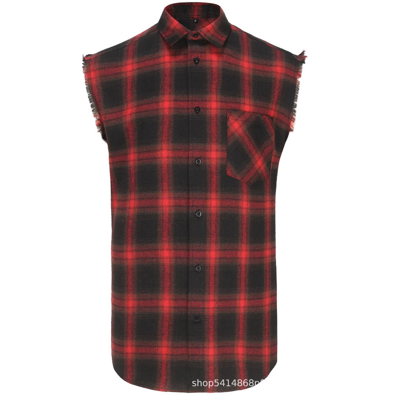 Europe and the United States cross-border personality men's jacket plaid sleeveless shirt men's casual shirt tassel craft shirt foreign trade fixed