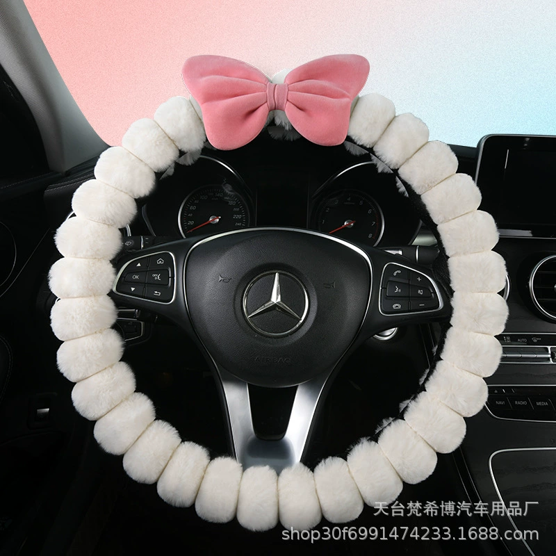 Winter plush cute steering wheel with bow, handle, keep warm set, new collection