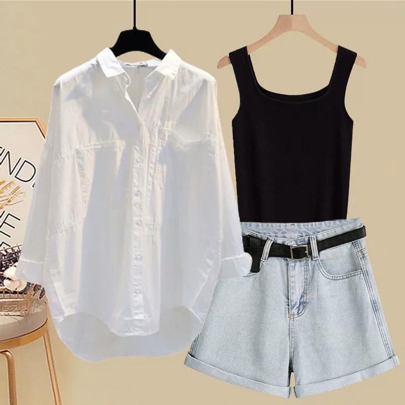 Летний набор: рубашка, жилет, джинсовая юбка, шорты, плюс-сайз, облегающий, набор из 3 предметов