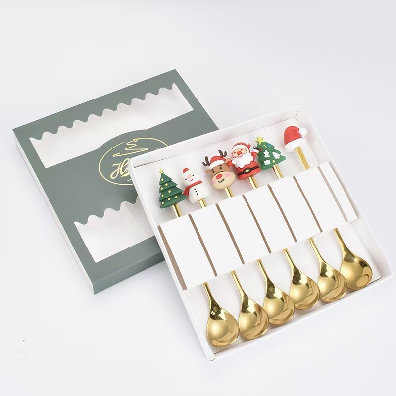 Cucharas de acero inoxidable transfronterizas muñecas de Papá Noel cubiertos cajas de regalo caseras de café mezclador cucharas de postre horquilla de frutas