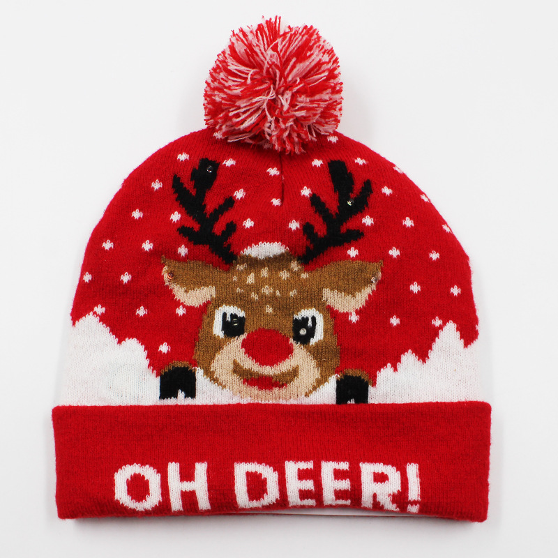 Fabricante transfronterizo de gorros navideños europeos y americanos tejidos en jacquard, gorros navideños de lana con luces LED, gorros navideños con pompón y bufandas. image 7
