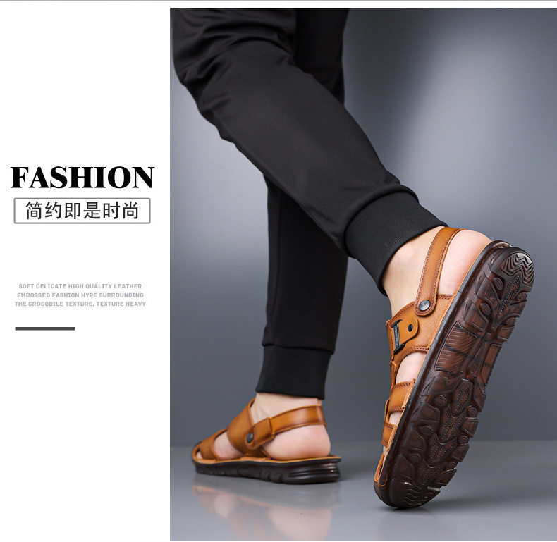 Dép sandal bít mũi nam da bò lớp đầu, đế mềm thân mềm, kiểu xỏ chân hai cách đi — G6951 màu nâu vàng, G6951 màu đen chi tiết 13