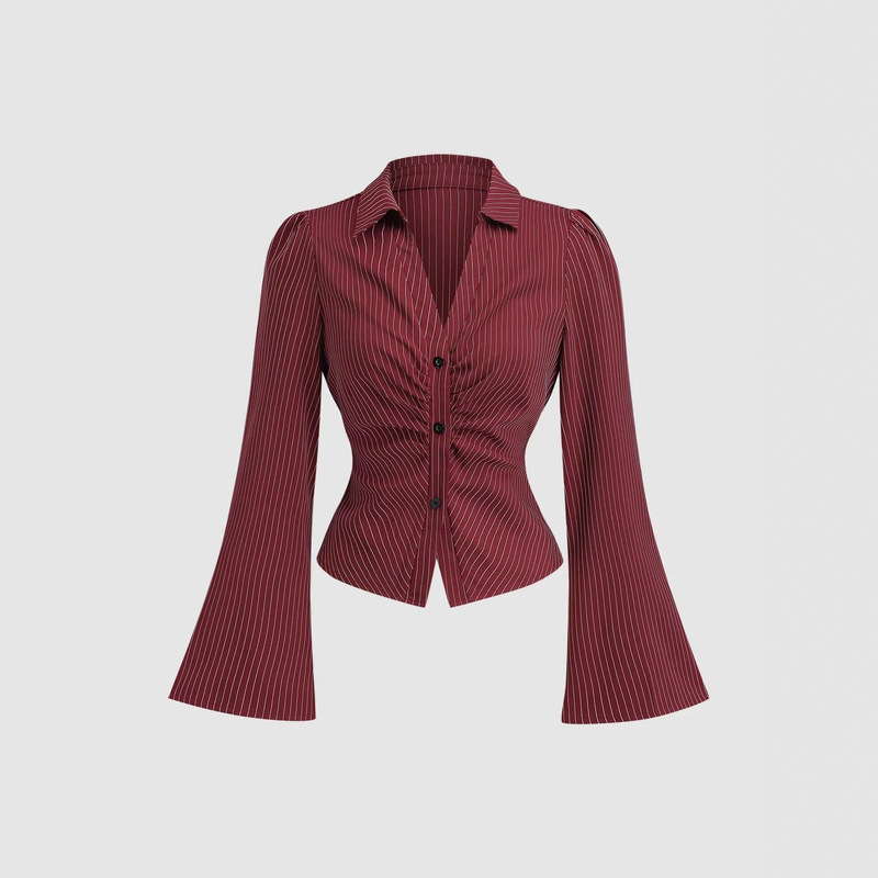 Amazon 2026 Hot-Selling American-Style V-Neck Striped Solid Color Waist-Cinching Slim-Fit Long-Sleeve Shirt with Bell Sleeves Formal Women's Wear