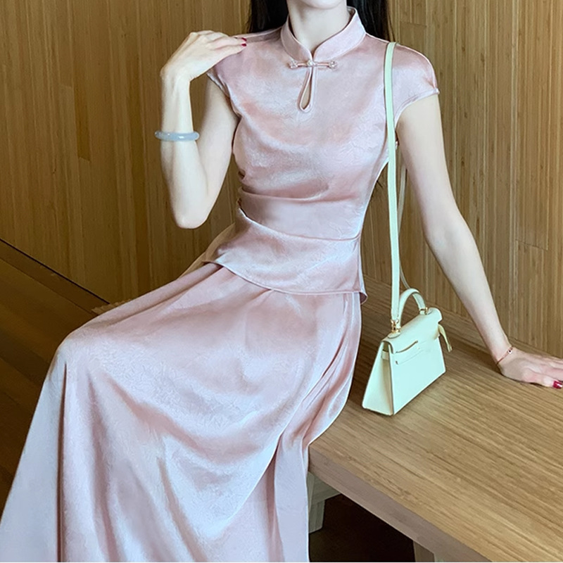 レトロな中国風 [Diwan Fei] 新しい中国風の蝶チャイナドレス襟トップ女性の夏のサテンスカートスーツトレンディ|undefined
