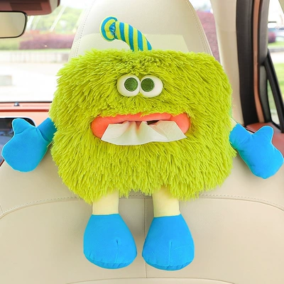 Car Tissue Box Cute Plush Car Seat Back Tissue Hanging Bag Cartoon Car Paper Box Interior Decoration Supplies (Car tissue box/set) - green-little-monster