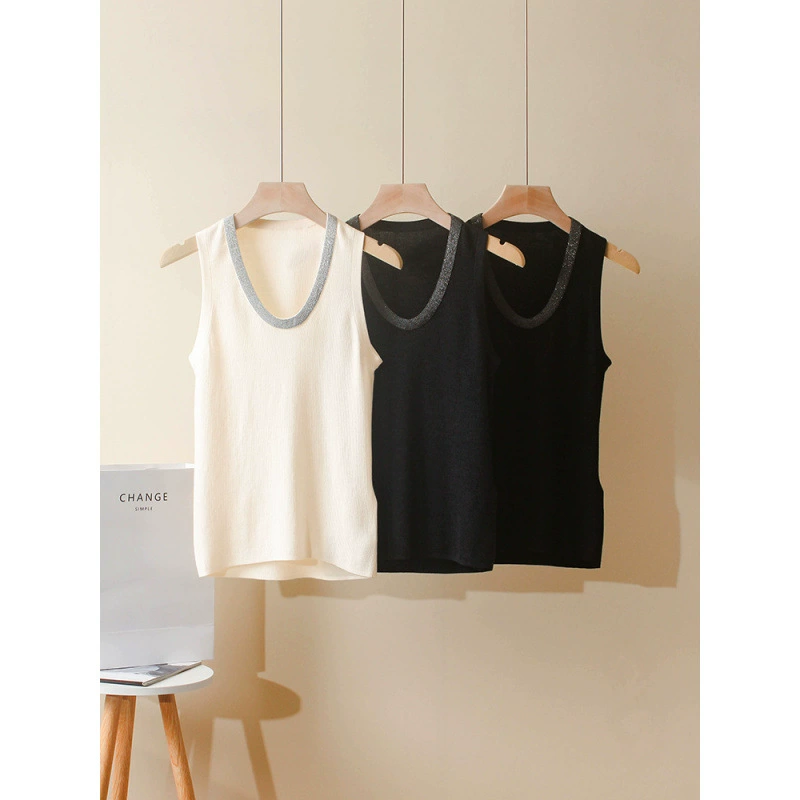 Летний новый шелковый трикотажный жилет из тонкой шерсти U-образный воротник сексуальный пуловер цепочка топ нижняя рубашка женская