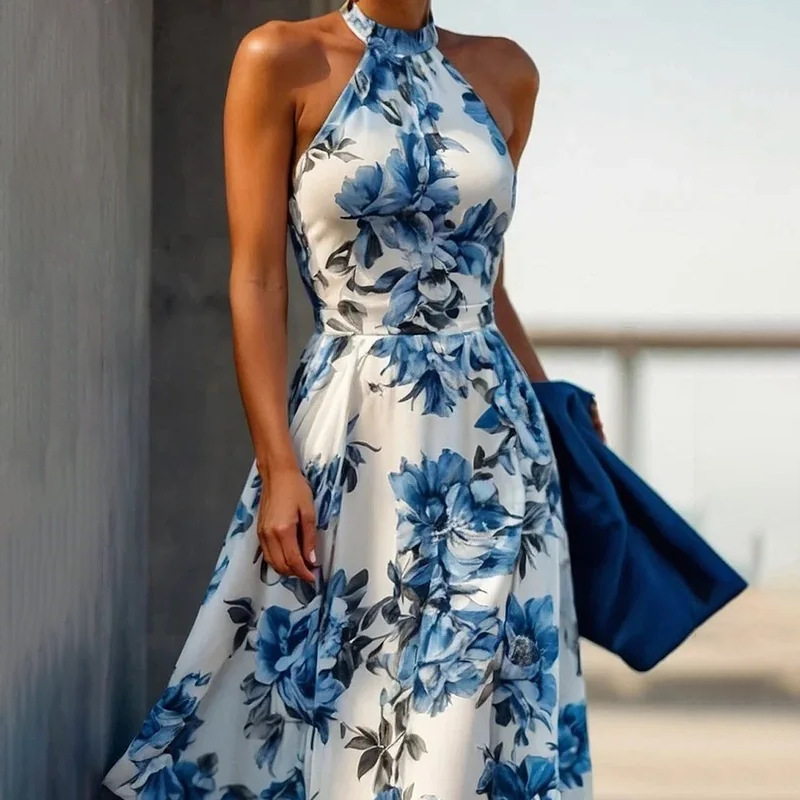 Slim Fit Type Printing Pattern 2025 Spring and Summer Season Wholesale Women's Elegant Sexy Pastoral Printing Printing Travel Daily Date Halter Neck Sleeveless A- Line Skirt