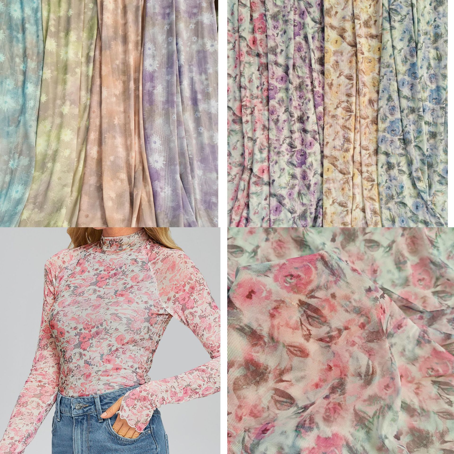 新款~柔软亲肤40D涤氨弹力网多色花型数码印花 内衣打底衫等面料