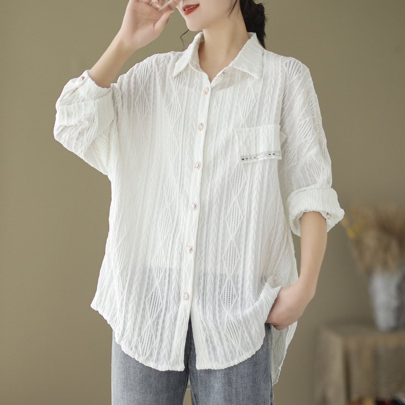 Real Shot in Stock Plus Size New Hollow Lace Rhinestone Shirt Top Loose Fit for Chubby Girls Women's Autumn Clothing