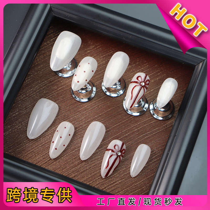 Nude Color Series Wearable Nail Tips with Hand-Painted Polka Dots, Bowknots, and Ribbons, Simple and Versatile for Everyday Use, New Year Nail Art
