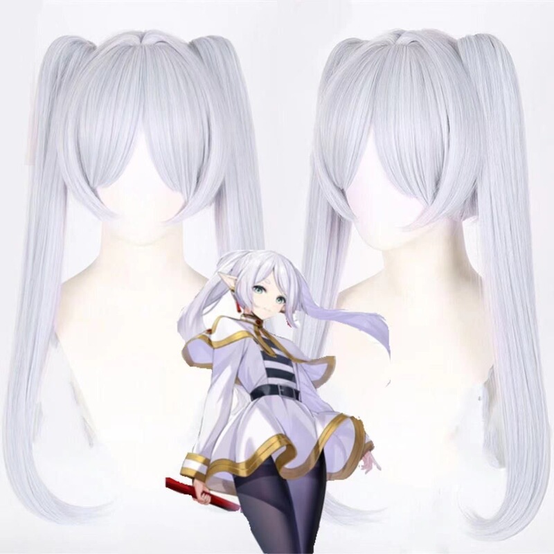 Frieren: Beyond Journey's End Cosplay Anime Wig, Silver-White Long Hair, Double Ponytail, Bangs Style