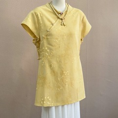 新しい中国風のナショナルスタイルのボタンダウンシャツサマーグリーンレトロ唐装ジャカードスタンドカラー半袖トップ女性用