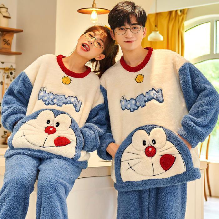 Invierno coral polar pareja pijamas de las mujeres lindo de dibujos animados engrosada franela caliente de los hombres ropa para el hogar traje Generación de pelo