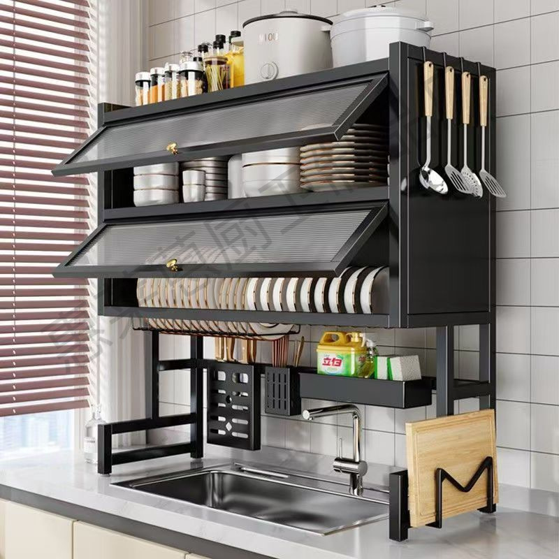 Estante de drenaje de agua de cocina armario de almacenamiento de platos domésticos con puerta armario a prueba de polvo estante multifuncional armario de piscina