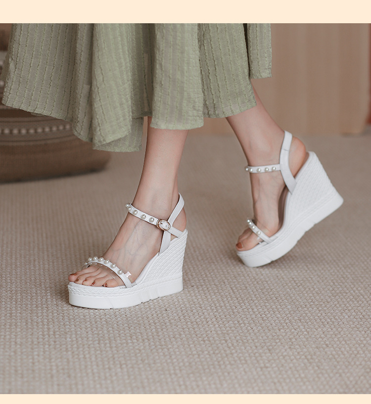 Sandal cao gót nữ hở mũi quai ngang đính ngọc trai, đế xuồng dày dáng La Mã — màu trắng, màu mơ chi tiết 12