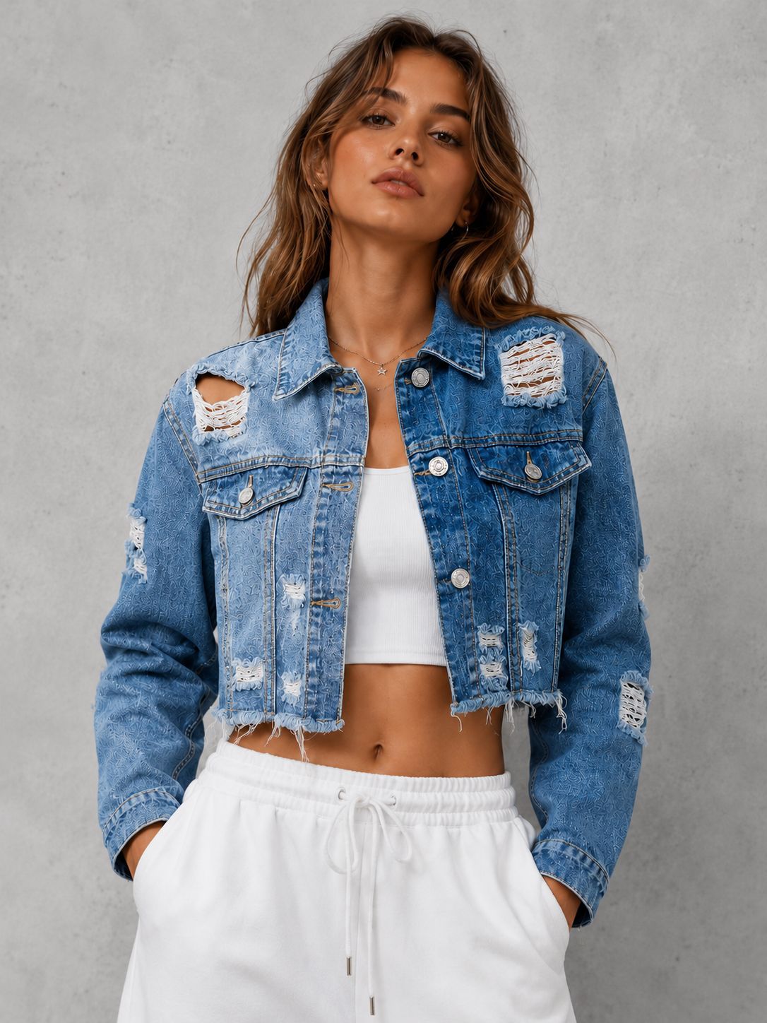 Qadın üçün cırılmış denim qısa jaket, rəng bloklu