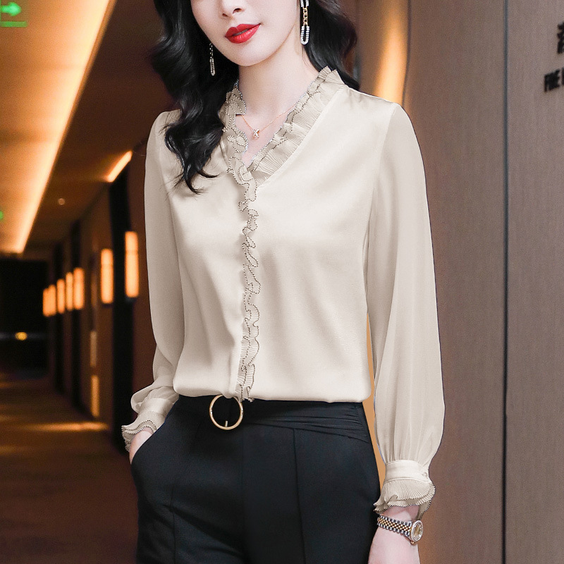 Fashionable and Casual V Neck Lace Splicing Long-Sleeved Pullover Shirt for Women in Spring and Autum Pure Color Elegant Chiffon Shirt Top