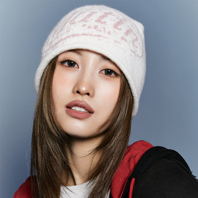matin kim Korean autumn and winter Lee Min Ho's same style Korean street style knitted beanie with badge and jacquard pattern matin kim Korean autumn and winter Lee Min Ho's same style Korean street style knitted beanie with badge and jacquard pattern