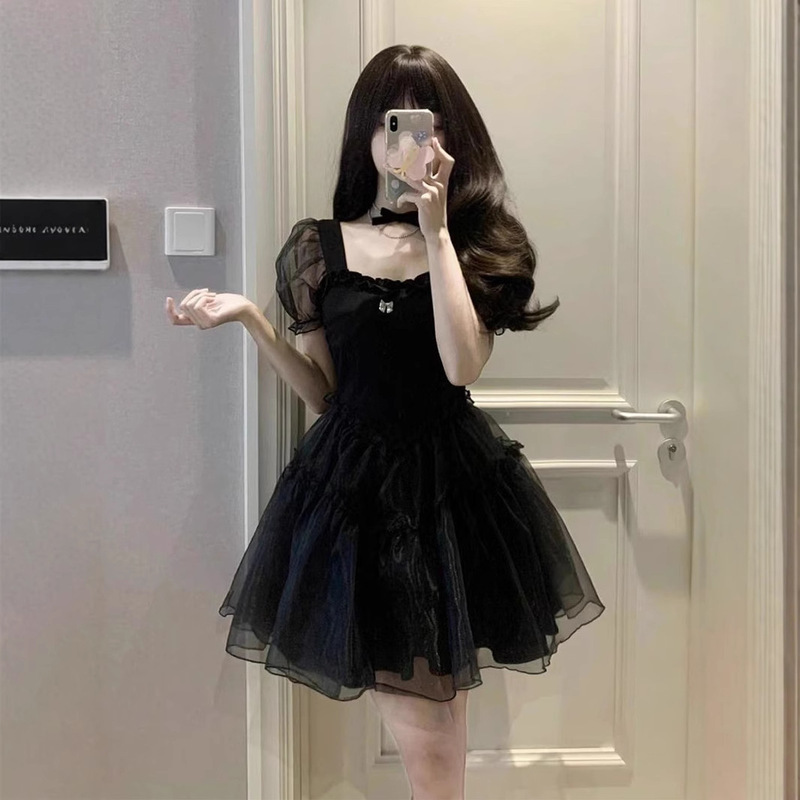 Bubble Sleeve Black dress Women's Summer French High-end Elegant Puffy Princess Skirt Waist Short Skirt