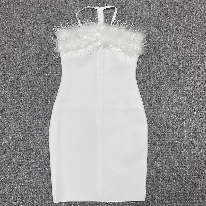 Sensational Halter Neck Feather Trim Bodycon Dress - Deep V Backless Cocktail Dress With Contrast Panel Design_ecoleips.com