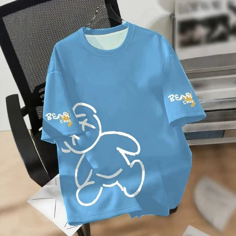 Summer Men's Round Neck Breathable T-Shirt, Cartoon Bear Print Pattern, Suitable for Daily Wear and Weekend Gifts to Friends
