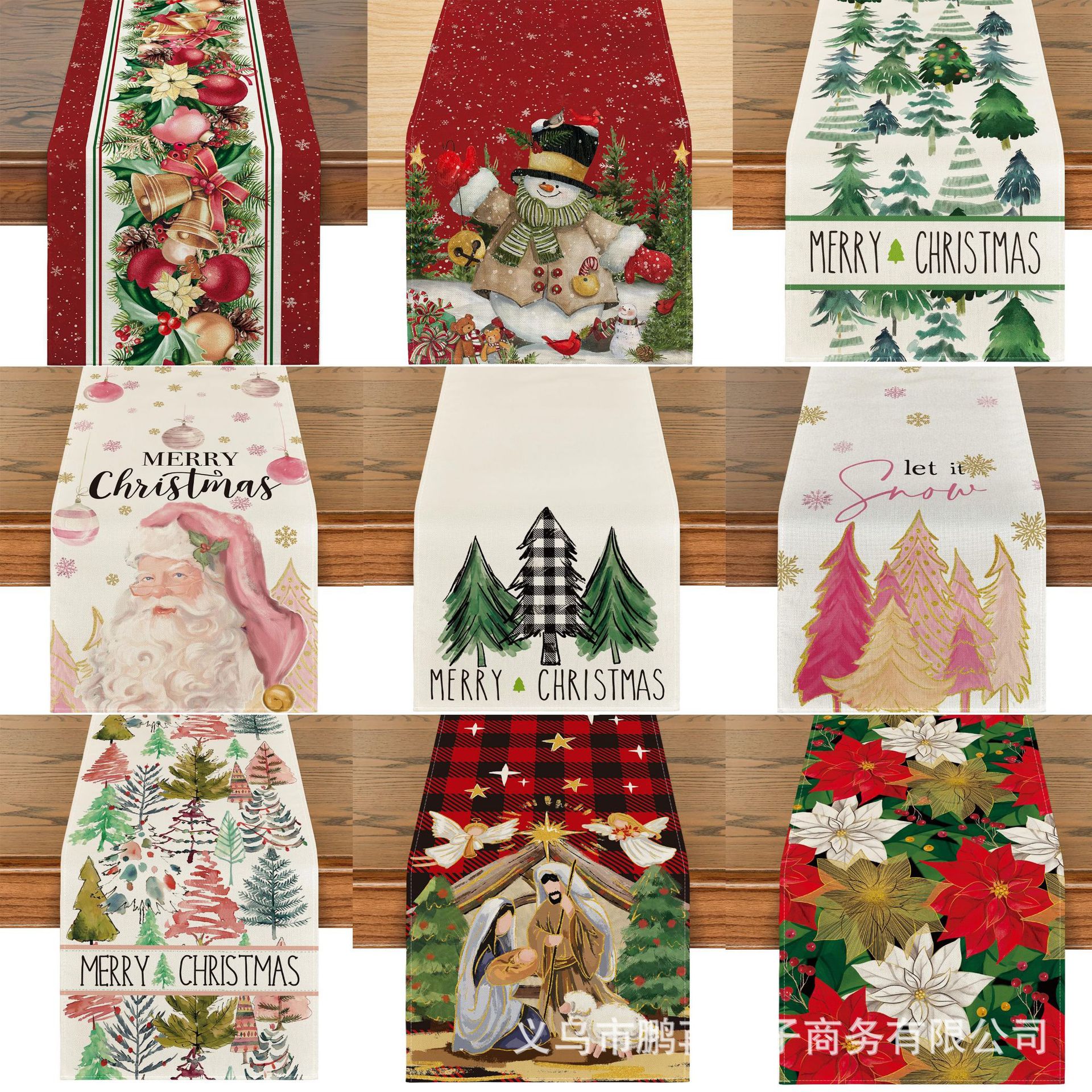 跨境新款圣诞节桌旗厂家水彩一品红铜铃铛雪人圣诞树花卉耶稣降临