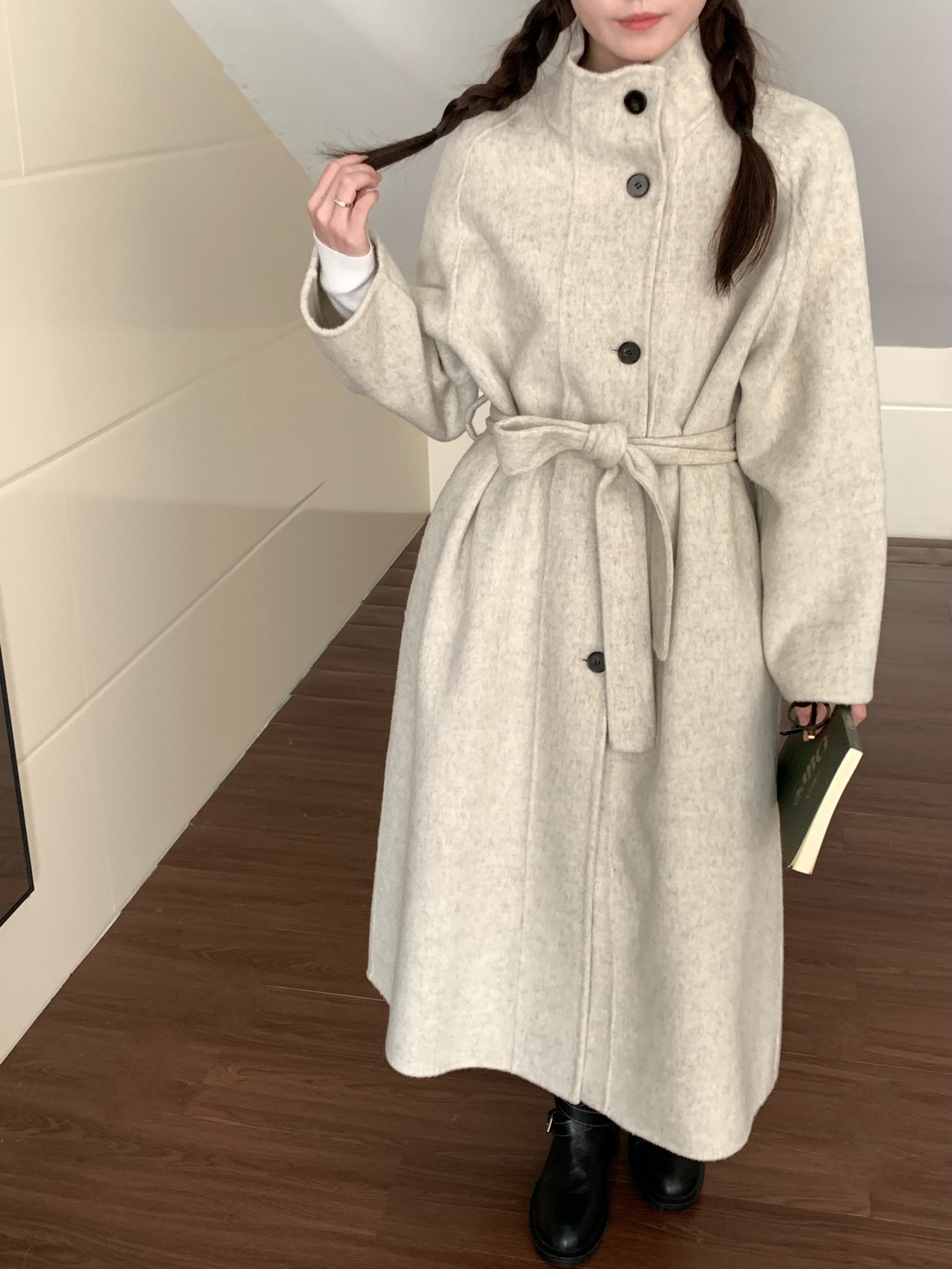 韓国風スタンドカラー新年コート レディース 両面カシミヤウール 25秋冬新作 シングルボタン ロング丈ウールコート レディース