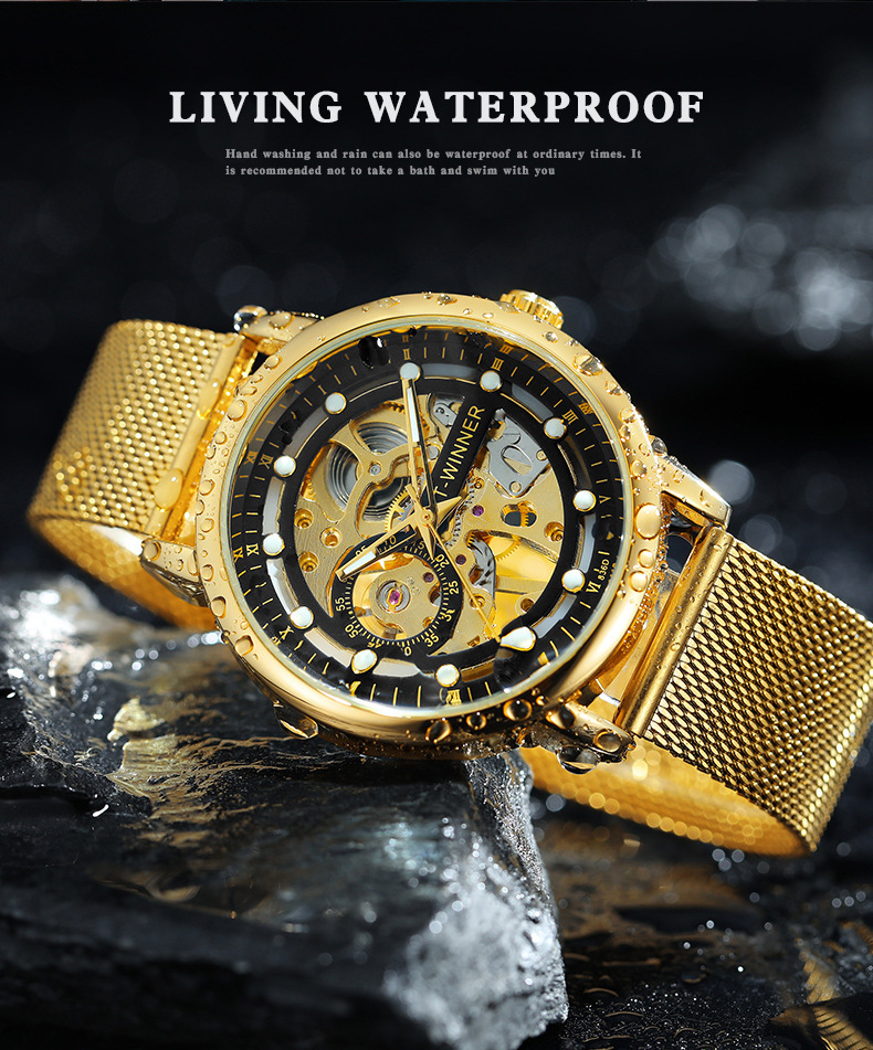 T-winner reloj de hombre europeo y americano reloj mecánico manual hueco de moda transparente reloj de correa de malla de milán 8258