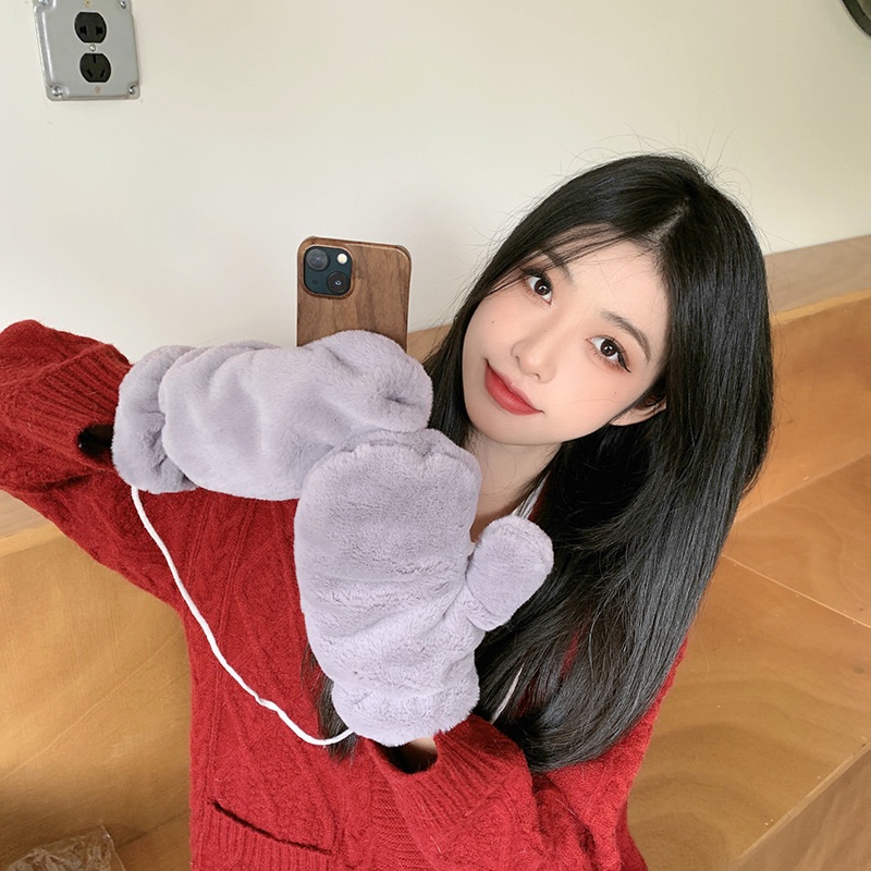 Guantes de felpa de dibujos animados de color sólido estilo INS para mujer, guantes gruesos de invierno para ciclismo para estudiantes, forrados con forro polar, cálidos y resistentes al frío, guantes de dedos completos, estilo INS.