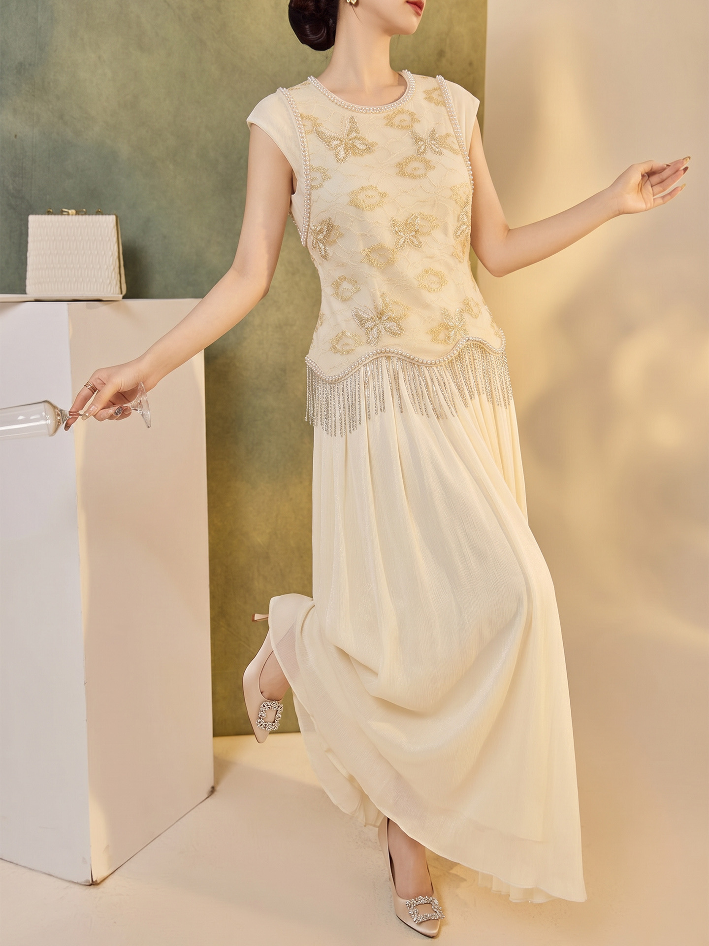 Set áo vest gile và chân váy nữ phong cách Trung Quốc cổ điển thêu đính cườm — bộ đồ, nửa váy, Trang chủ