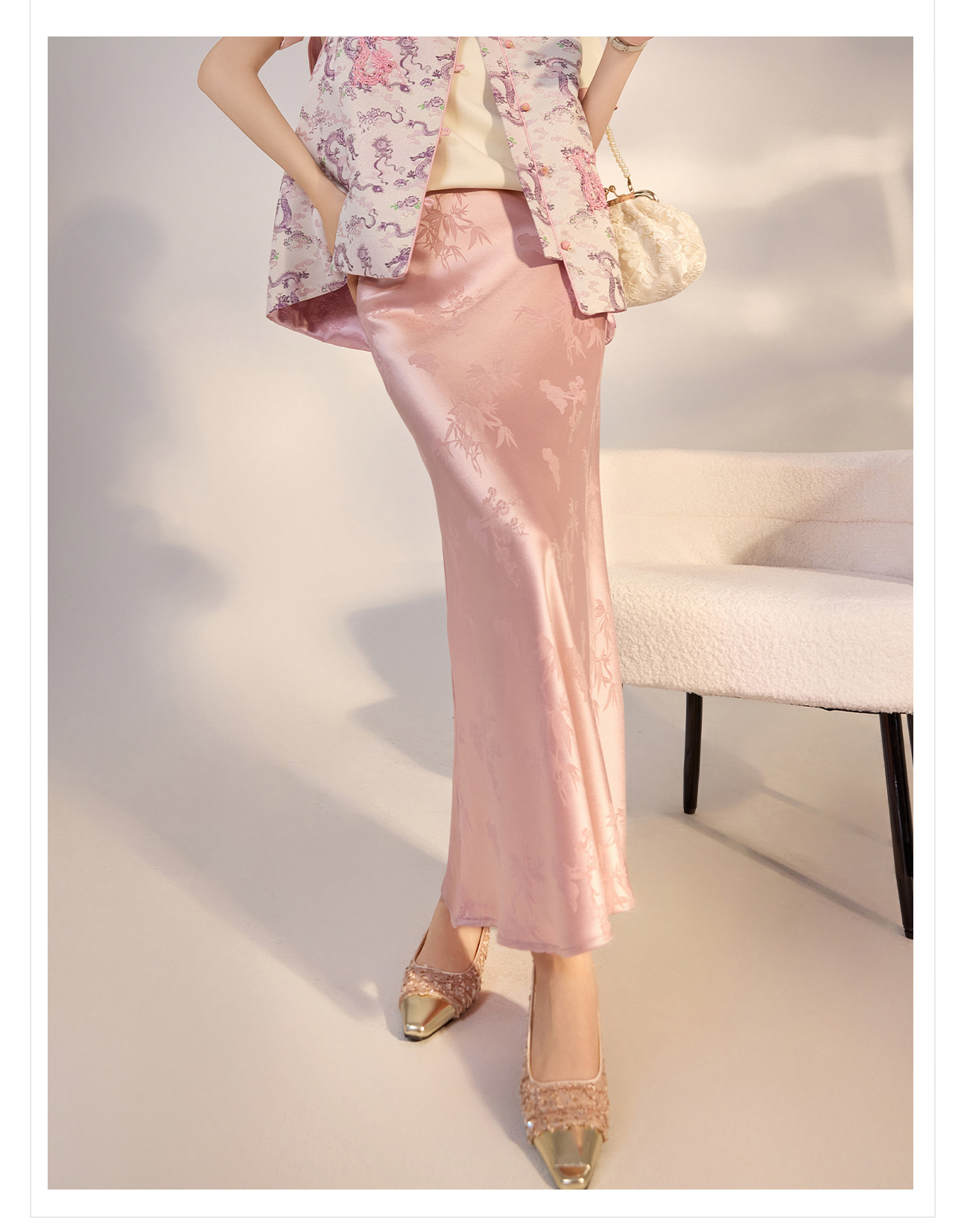 Chân váy midi acetate in hoa phong cách Trung Quốc mới 2025, dáng dài vạt rộng — Màu đen, Màu vàng, Màu hồng, Màu trắng chi tiết 20