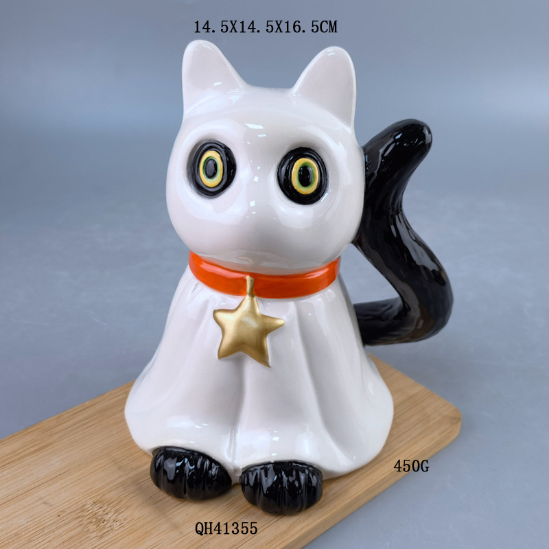 Familia de tres personas porcelana blanca adorable gato creativo sala de estar gabinete de televisión decoración artesanal de cerámica combinación de gato pro