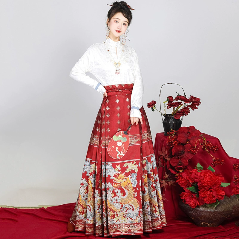 Longxiao новогодний боевой халат в китайском стиле имитация макияжа Цветочная юбка с конским лицом оригинальный Год Дракона Топ в стиле мин с воротником-стойкой Новый китайский стиль Национальный стиль
