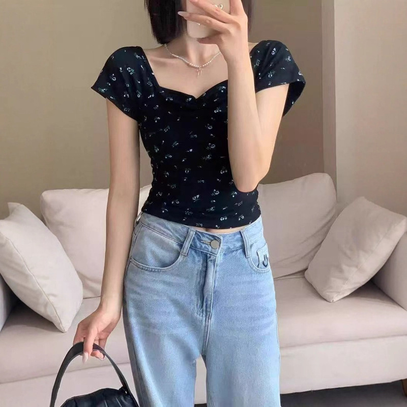 港风复古碎花方领短袖T恤女夏季新款设计感小众修身显瘦别致上衣|undefined
