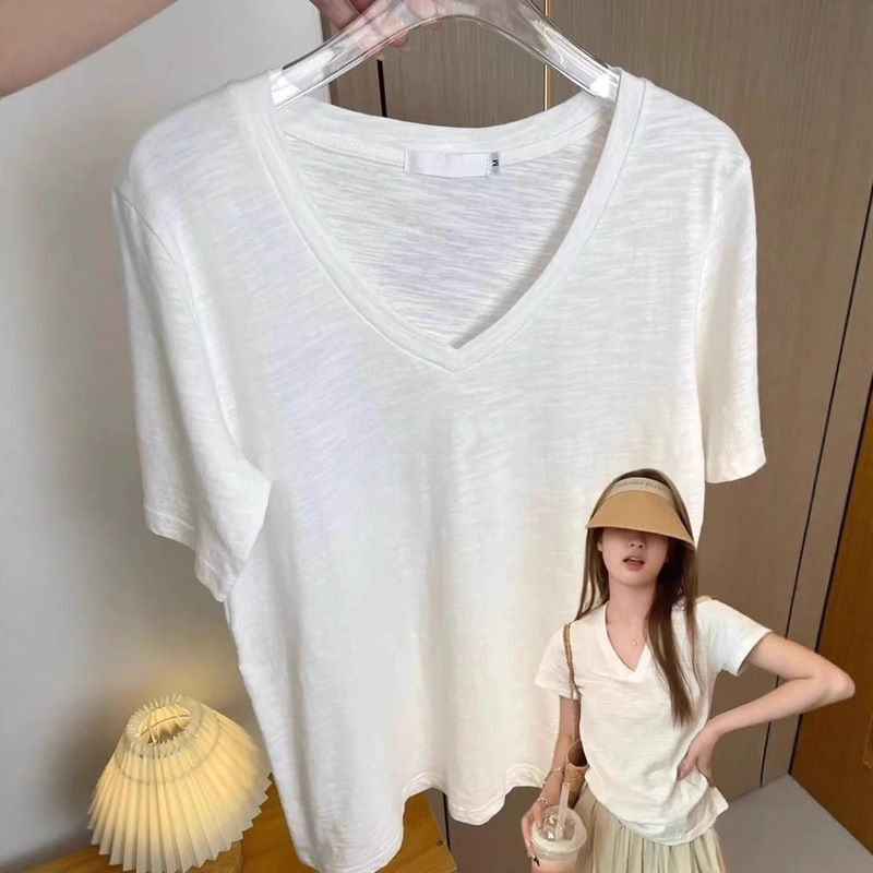 Pure White Bamboo Cotton V-Neck Right Shoulder Short-Sleeved T-Shirt for Women in Summer, Skin-Friendly, Breathable, Casual, Versatile, Loose and Clavicle-Exposed Top Pure White Bamboo Cotton V-Neck Right Shoulder Short-Sleeved T-Shirt for Women in Summer, Skin-Friendly, Breathable, Casual, Versatile, Loose and Clavicle-Exposed Top