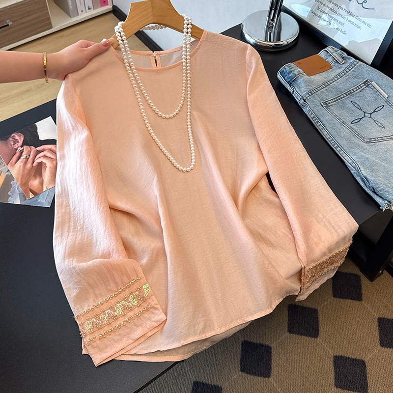 2026 New Style Warm Pink Chinese Style Round Neck Shirt with Heavy Bead Embroidery on the Cuffs, Glossy Tencel Top, Women's Sun Protection Shirt 2026 New Style Warm Pink Chinese Style Round Neck Shirt with Heavy Bead Embroidery on the Cuffs, Glossy Tencel Top, Women's Sun Protection Shirt