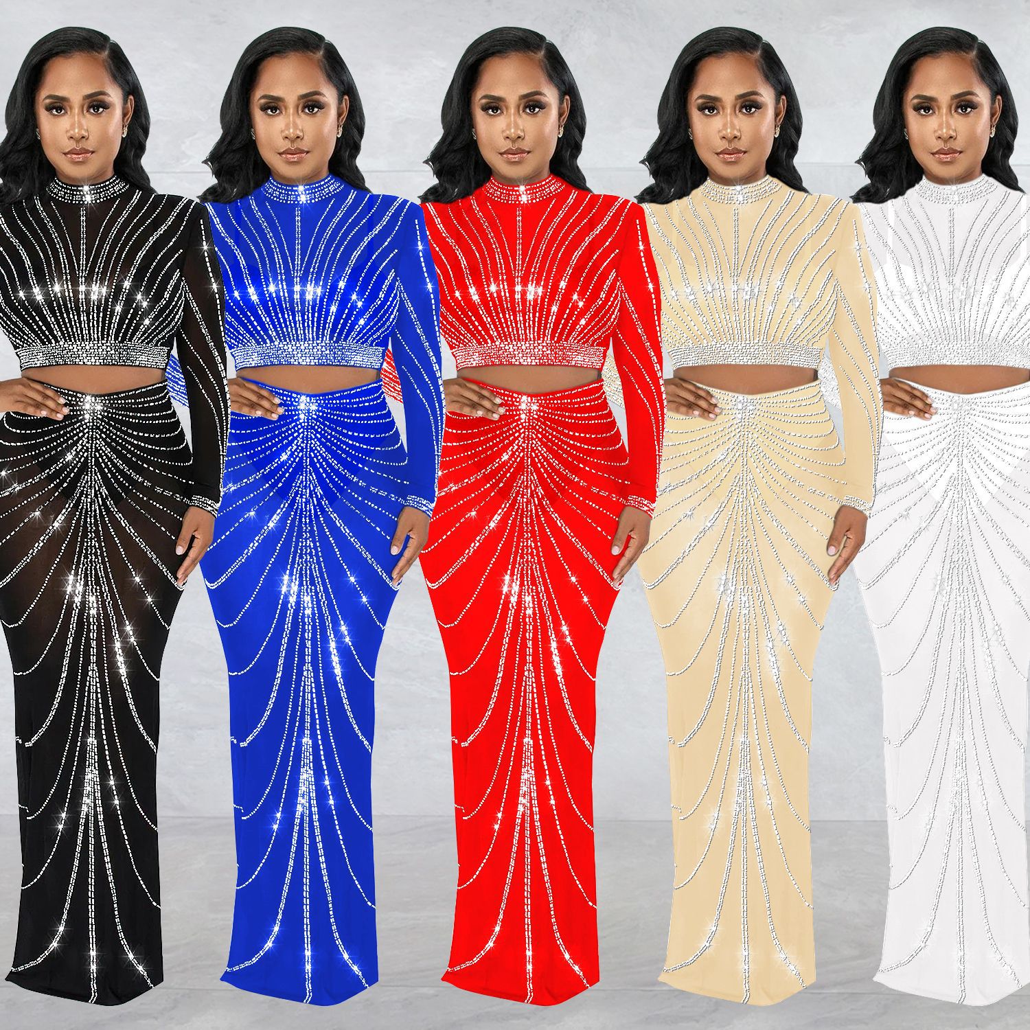 C6028 transfronteriza AliExpress Amazon moda europea y americana de las mujeres de malla de diamantes de imitación perspectiva Vestido de manga larga de dos piezas conjunto